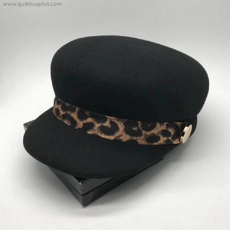 Vintage Style Black Leopard Band Winter Beret Cap 100% Wool Felt Hat Newsboy Cap for Women Warm Visor Hat Cap Ladies Cap