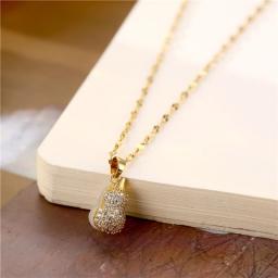 Vintage Style Stainless Steel Double Side Zircon Crystal Gourd Pendant Women Necklaces No Fade Gold Color Female Neck Jewelry