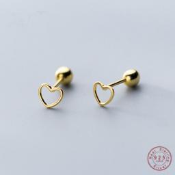 WANTME Genuine 100Percent 925 Sterling Silver Jewelry Cute Small Simple Hollow Love Heart Stud Earrings Glossy Beads Earplugs Women