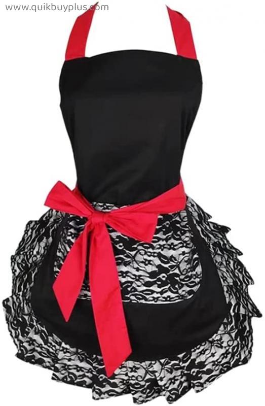 WAQAM Black lace Sexy Apron with Pockets Fun Retro Sexy Kitchen Cooking Apron Women Girl (Color : Black, Size : S 70 * 70cm)