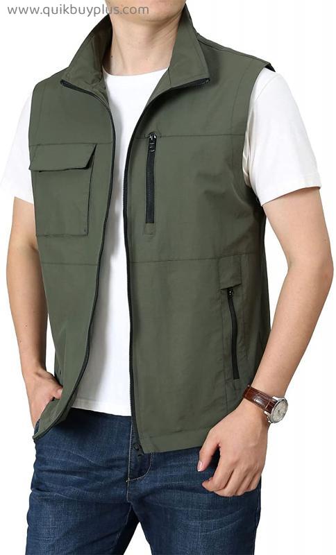 WFEI Men's Fishing Vest/Gilet Casual Multi-Pockets Wasitcoat for Men Vest Mens Sports & Outdoor Waistcoat,Khaki,XL