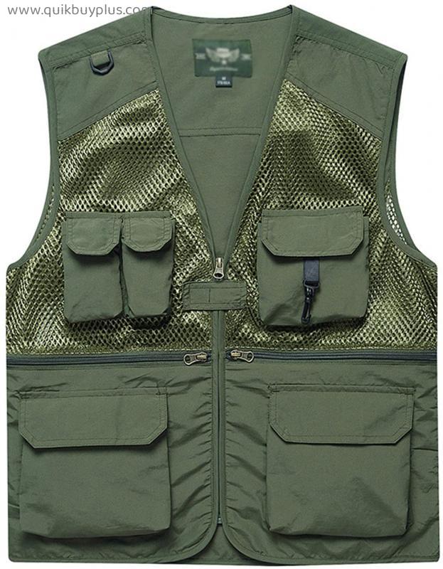 WFEI Men's Fishing Vest/Gilet with Multi-Pockets Breathable Mesh Lightweight Quick Dry Waistcoat Sports & Outdoor Camping & Hiking Traveling,Army Green,M