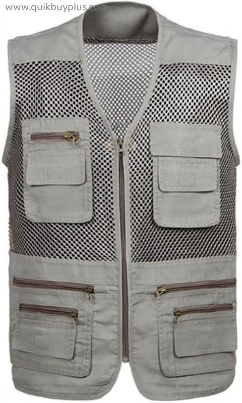 WFEI Men Fishing Vest Summer Traveler Sleeveless Jackets Waistcoat Outdoors Casual Vest with Many Pockets Breathable Mesh Vest,Gray,XL