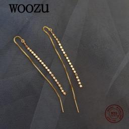 WOOZU Genuine 925 Sterling Silver Discs Tassel Long Ear Line 14k Gold Plated for Women Bohemian Shiny Korean Earrings Jewelry