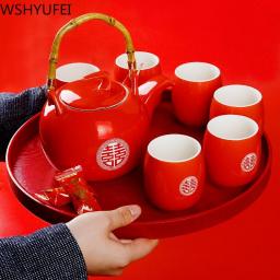 WSHYUFEI Ceramic Red Wedding Teapot Gifts Porcelain Chinese style wedding tea set porcelain teapot set filter Luxury Gift