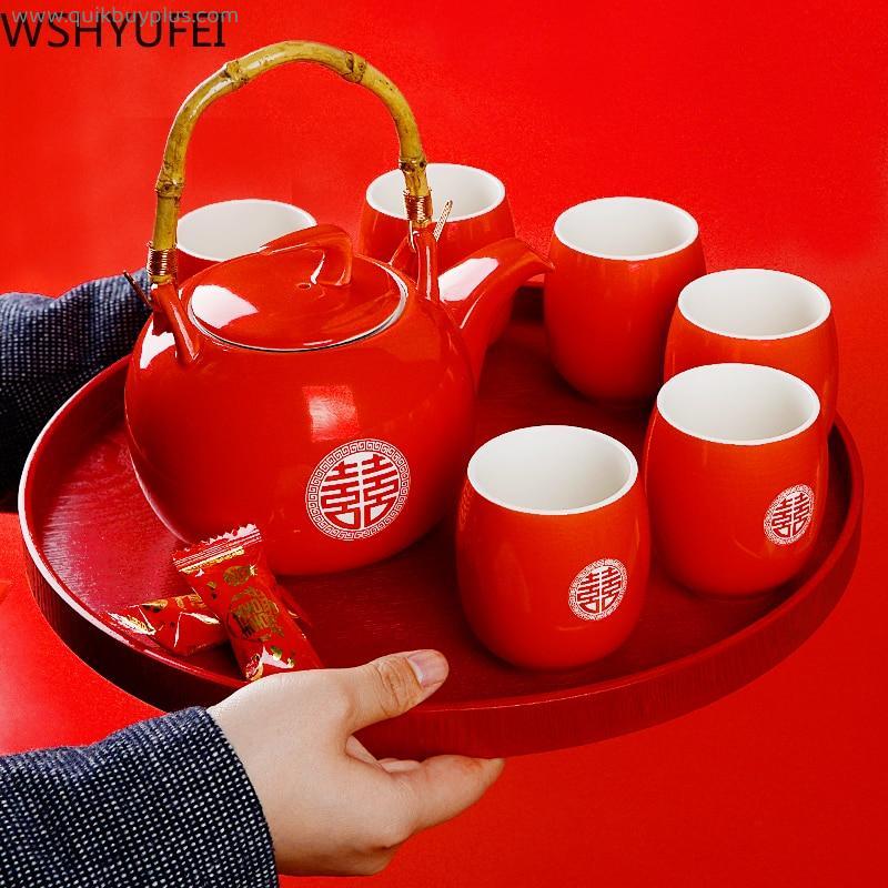 WSHYUFEI Ceramic Red Wedding Teapot Gifts Porcelain Chinese style wedding tea set porcelain teapot set filter Luxury Gift