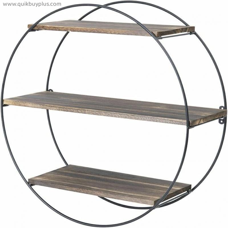 Wall Mount Shelf Round Shape Hanging Stand Showcase Floating Shelves Any Room Classic Design Livingroom Bedroom Kitchen Home Office 50 cm 3 Tier Book Display Rack Decorative Wood Metal Rustic Retro