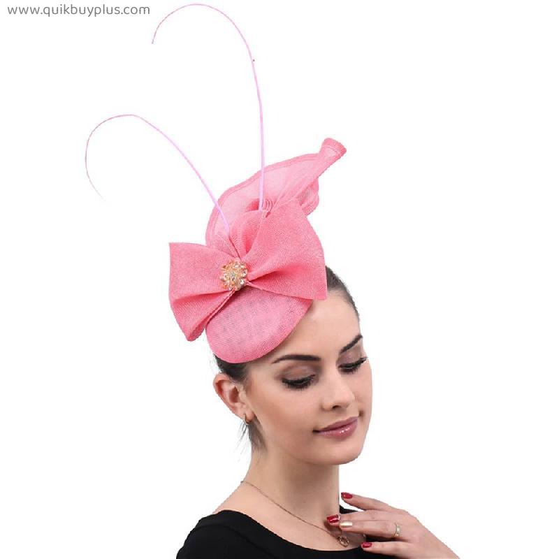Wedding Pink Bow Fascinators Hats Hair Clip Women Headwear Fedora Caps Feather Decoration Headpiece