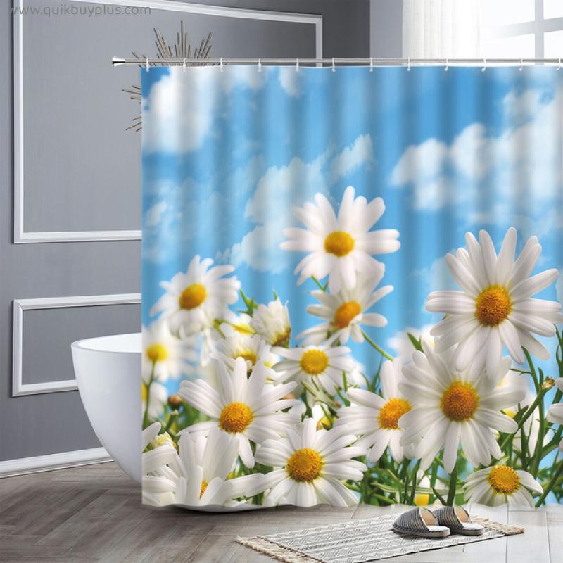 White Daisy Flower Shower Curtains Blue Sky Green Leaves Natural Scenery Waterproof Bathroom Decor Screen Cloth Bath Curtain