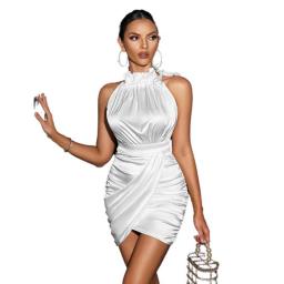 White Folds Elegant Sleeveless Sexy Mini Dresses Women Ruffles Halter Lace Up Party Club Dress Vestidos Summer Dress