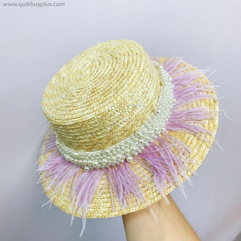 Wide Brim Straw Hat Leather Pearl Decoration Flat Top Summer Hat for Women Fashion Beach Hat Jazz Panama Hat Kentucky Derby Hat