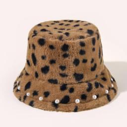 Winter Hat Women Bucket Hat Pearl Decoration Leopard Flat Top Wide Brim Hat Faux Fur Lady Church Derby Party Fashion Warm Hat