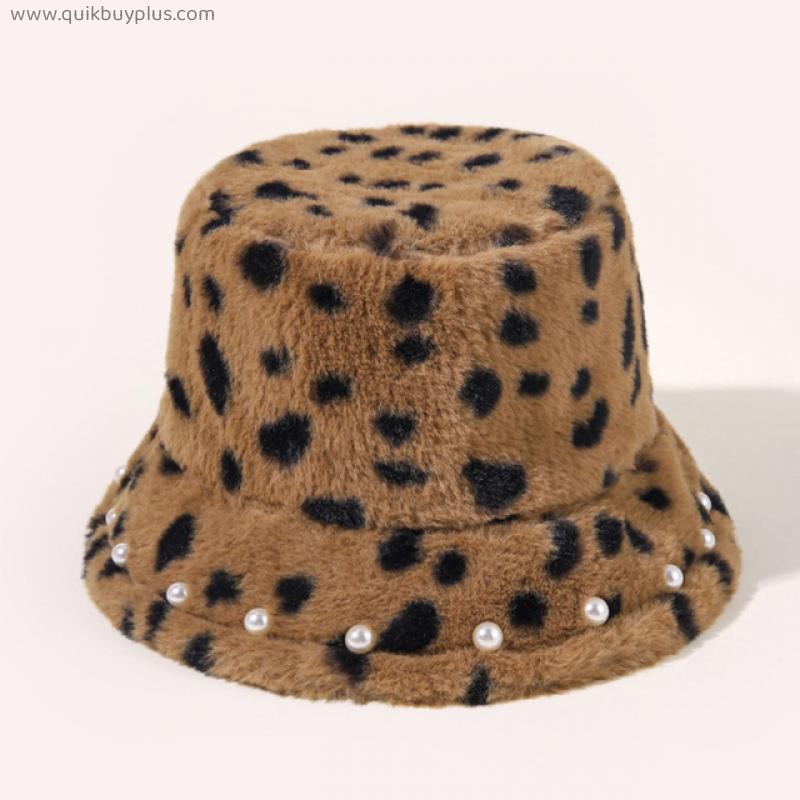 Winter Hat Women Bucket Hat Pearl Decoration Leopard Flat Top Wide Brim Hat Faux Fur Lady Church Derby Party Fashion Warm Hat