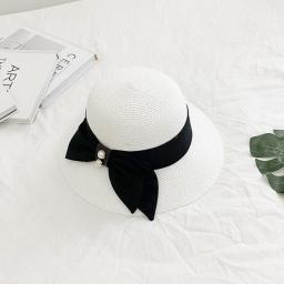 Women's Summer Hat Wide Brim Bucket Hat Pearl Decoration Bow ribbon Sun Protection Cap for Girls Female Beach Straw Hat Sun Hats