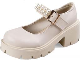 Women's Pearls Buckle Strap Mary Jane Pumps Comfy Round Toe Chunky Heels Shoes Ladies Sweet Platform Dancing Shoes