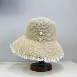 Women's Summer Hat Wide Brim Bucket Hat Lace Pearl Decoration Sun Protection Cap For Girls Female Beach Hat Straw Hat Sun Hats