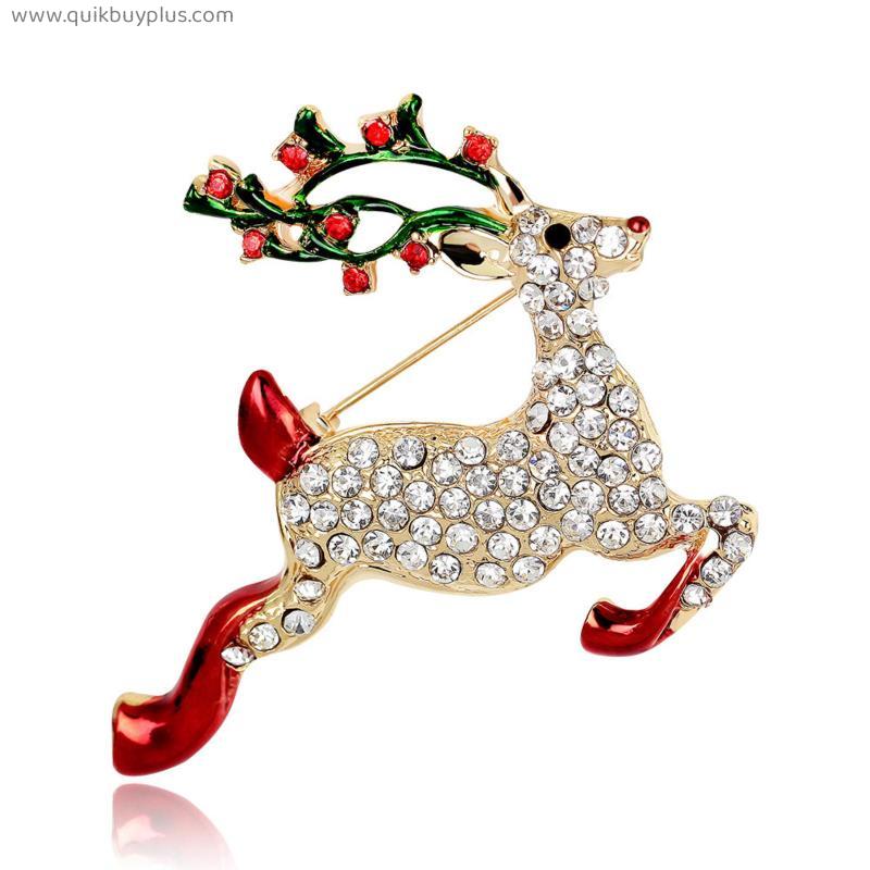 Women Christmas Series Ornaments Enamel Full Rhinestone Christmas Running Sika Deer Brooches