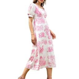 Women Clothing Floral Print Square Neck Short Sleeve A Line Maxi Dress