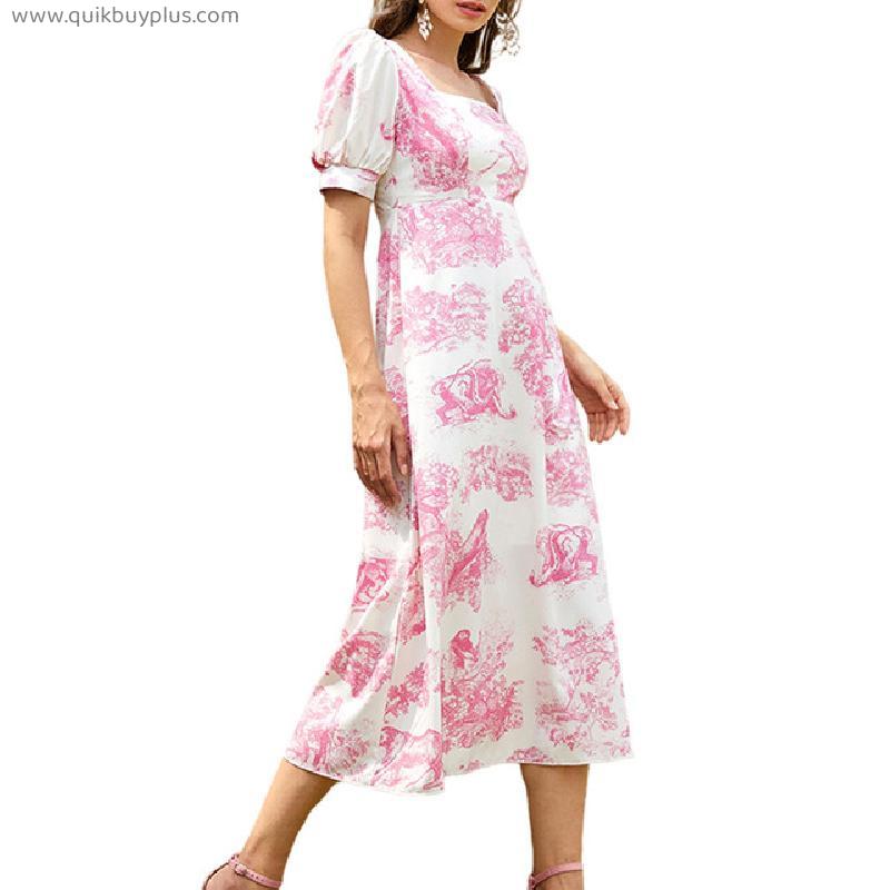 Women Clothing Floral Print Square Neck Short Sleeve A Line Maxi Dress