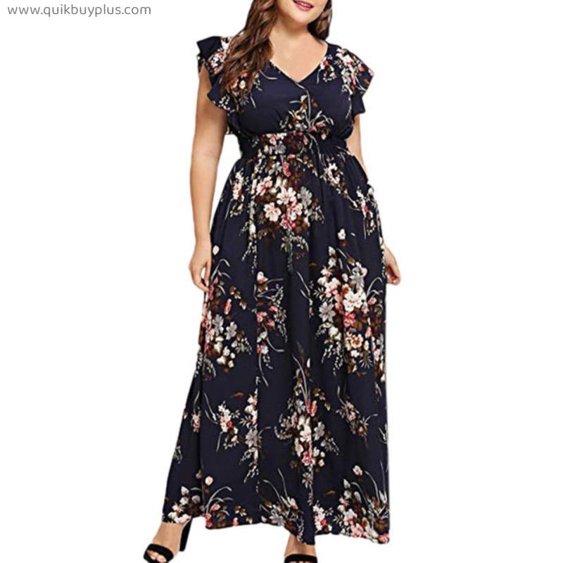Women Dress Casual Short Sleeve Long Dress Boho Floral Print Maxi Dress V Neck Bandage Elegant Dresses Plus Size