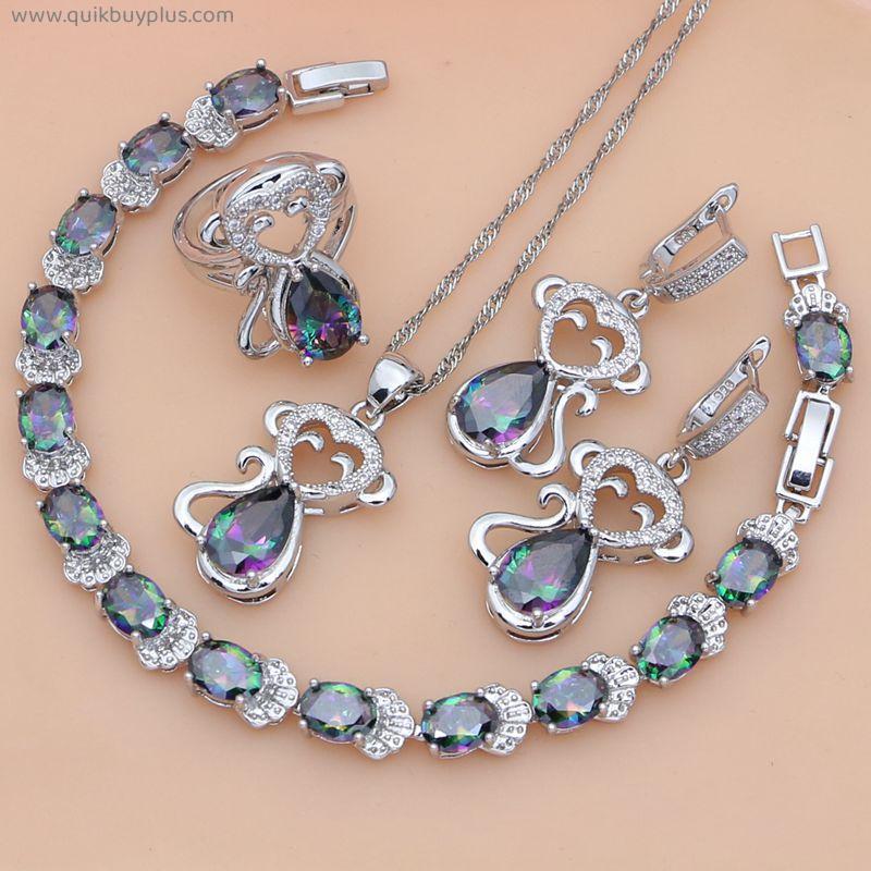 Women Earrings Mystic Rainbow Fire Topaz Jewelry Sets 925 Silver Jewelry Bridal Wedding Animal Monkey Necklace Sets