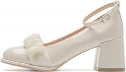 Women Fashion Mary Jane Pumps Ruffles Ribbon Anti-Slip Block Heel Ankle Strap Formal Dress Shoes for Wedding