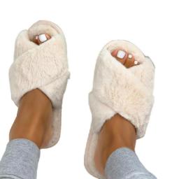 Women Fashion Warm Fluffy Slippers Cozy Cross Indoor Floor Slides Flat Soft Furry Ladies Female