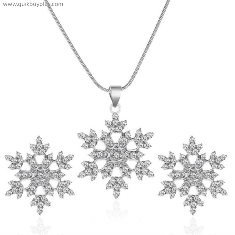 Women Girls Popular Snowflake Shining Crystal Necklace Rhinestone Snow Pendant Set Earrings Necklaces New Year Gift Jewelry