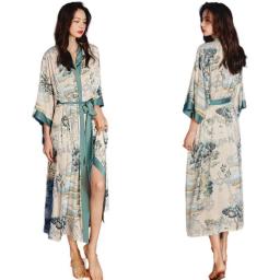 Women Pajamas Long Robe Floral Sleepwear Silk Like Bathrobe Homewear Nightwear