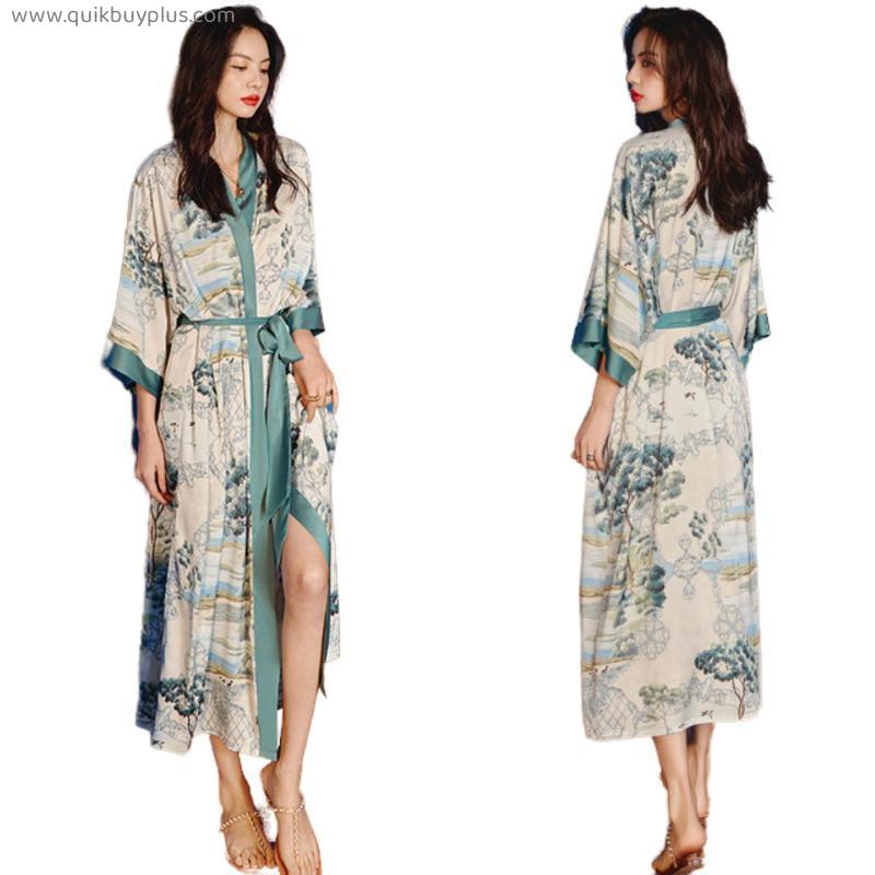 Women Pajamas Long Robe Floral Sleepwear Silk Like Bathrobe Homewear Nightwear