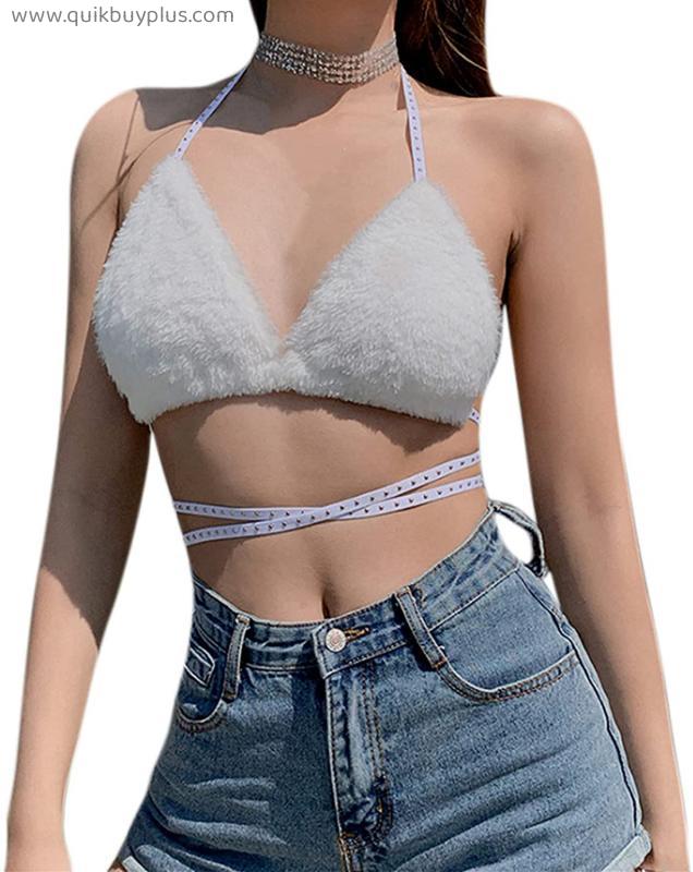 Women Rave Fluffy Fur Triangle Bra Crop Top Sexy Strappy Halter Bandage Camisole for Dance Festival Clubwear