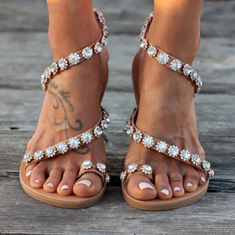 Women Sandals Bling Crystal Summer Shoes Woman Beach Flat Sandals Plus Size Flip Flop Ladies Soft Bottom Slippers Female 43