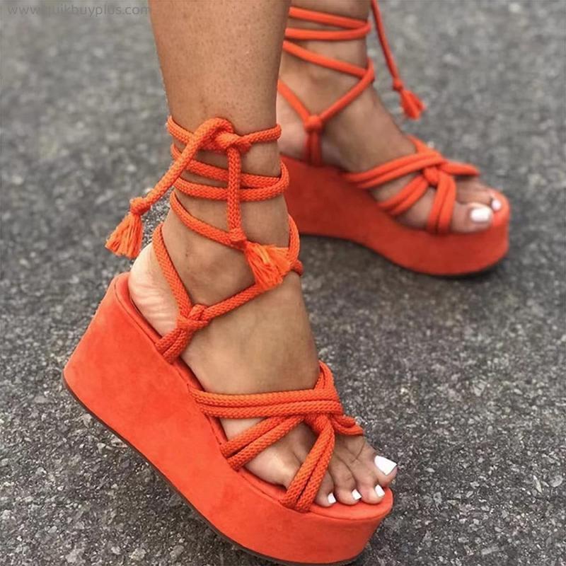 Women Sandals Lace Up Gladiator Sandals Adult Fashion Hemp Rope Summer Shoes Woman Flat Sandals Non-Slip Beach Shoes