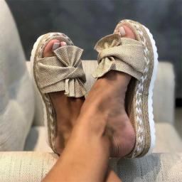Women Slippers Summer Platform Wedges Mid Heels Bow Tie Peep Toe Fashion Slides Beach Outdoor Ladies Shoes Zapatos De Mujer