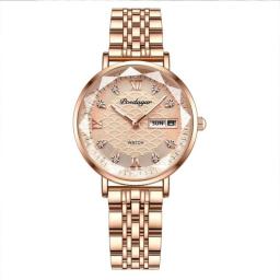 Women Watches Fashion Rose Gold Steel Quartz Watch Waterproof Luminous Week Date Ladies Wristwatch Bracelet