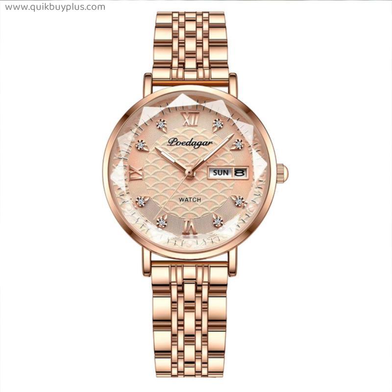 Women Watches Fashion Rose Gold Steel Quartz Watch Waterproof Luminous Week Date Ladies Wristwatch Bracelet