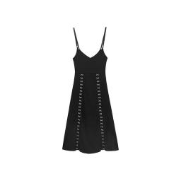 Women Dress Casual Black Elegant Gothic Retro Slim Fit V-Neck Split Breasted Midi Strappy Dress 2022 Newest Female Summer Robes