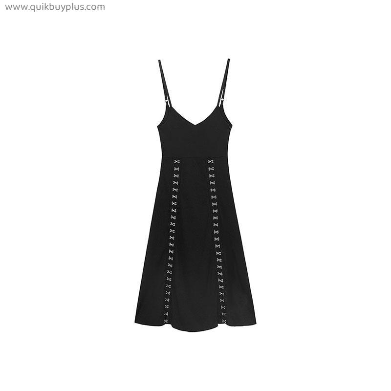 Women dress Casual Black Elegant Gothic Retro Slim fit V-Neck Split breasted Midi Strappy Dress 2022 Newest Female Summer Robes