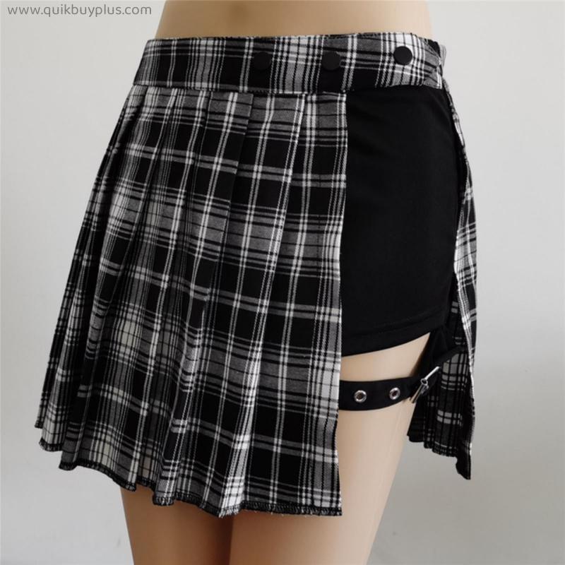 Women skirt Harajuku gothic black sexy high waist pleated skirt punk girl skirt with shorts new summer plaid skirt