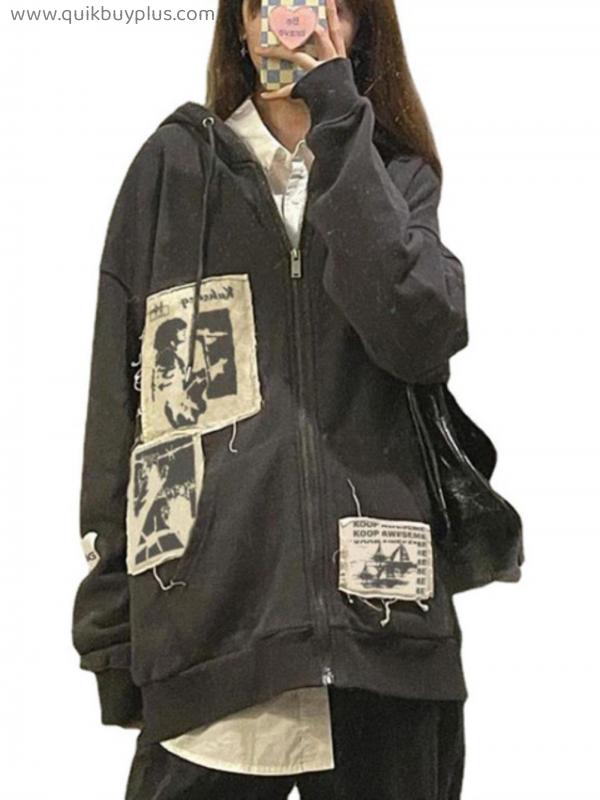 Women street brown graffiti print zip vintage tops hoodie sweatshirts hoodies  Clothes  Autumn jackets