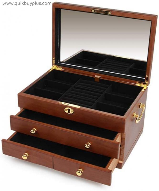 Wooden Jewelry Box for Watches Rings Bracelets Earrings Necklaces Cufflinks 3 Layer Lockable Jewelry Cabinet 3 Drawers Unisex Gift Box Watches Display Mirror Box