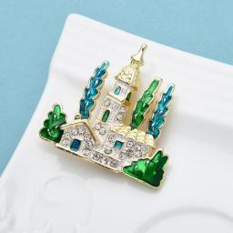 Wuli&baby Enamel Trees Castle Brooches For Women Men Rhinestone House Party Casual Brooch Pins Jewelry Gifts