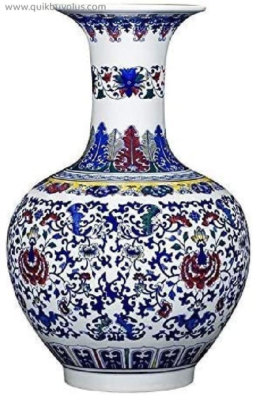 Wxliner Blue & White Porcelain Vases Barrel Color Hand-Painted Ear Ceramic Blue and White Porcelain Antique Living Room Decoration Shape Dignified Large Vase Ceramic Flower Vase