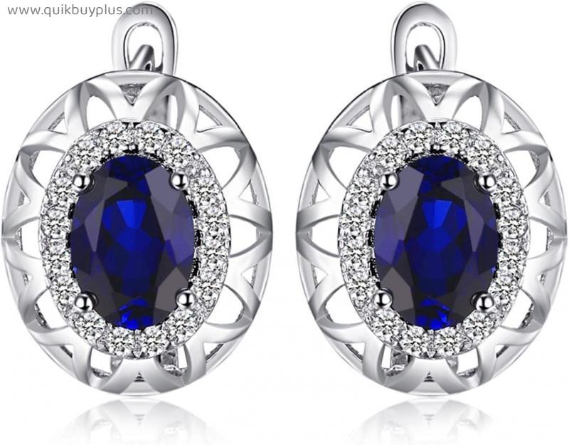 XKUN Earring Oval Cut Created Blue Sapphire 925 Sterling Silver Hoop Earrings For Women Statement Gemstone Jewelry-Default