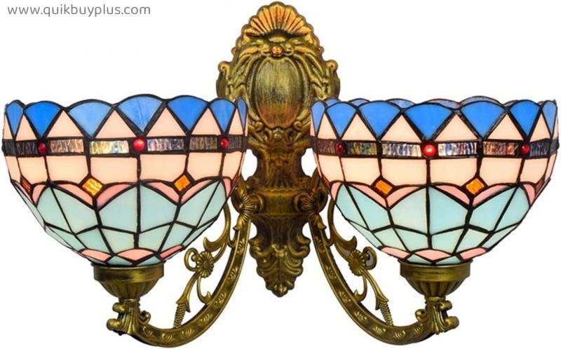 XNSHUN Mediterranean Tiffany Wall Lamps Night Light Bedside Wall Lamp Dimmable Decoration Stained Glass Antique Brass Color Resin Base Nightstand Kitchen Living Room Bedroom Stair Corridor