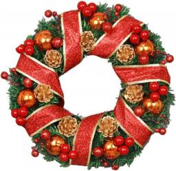 YANXIAOPING 60cm red Berry Wreath Ribbon Around Match Natural Pine Cone Spruce Christmas Ornament