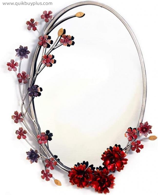 YANXIAOPING Metal Wall-Mounted Mirror Handmade Three-Dimensional Iron Art Multi-Color Artificial Flower Oval Makeup Mirror Creative Home Decoration 50.2x38.1cm