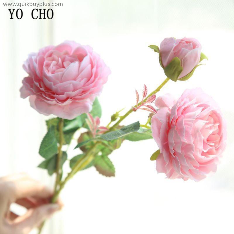 YO CHO Rose Artificial Flowers 3 Heads Pink White Peonies Silk Flower Wedding Garden Decoration Fake Flower Bouquet Peony Color