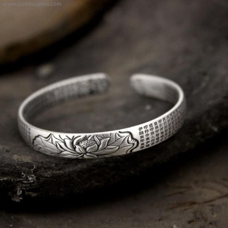 YOUHU Silver Bangle,925 Sterling Silver Bangle Vintage Distressed Ethnic Lotus Heart Sutra Carved Exquisite Cuff Bangle Adjustable Open Amulet Bracelet For Men Women Eternity Jewelry