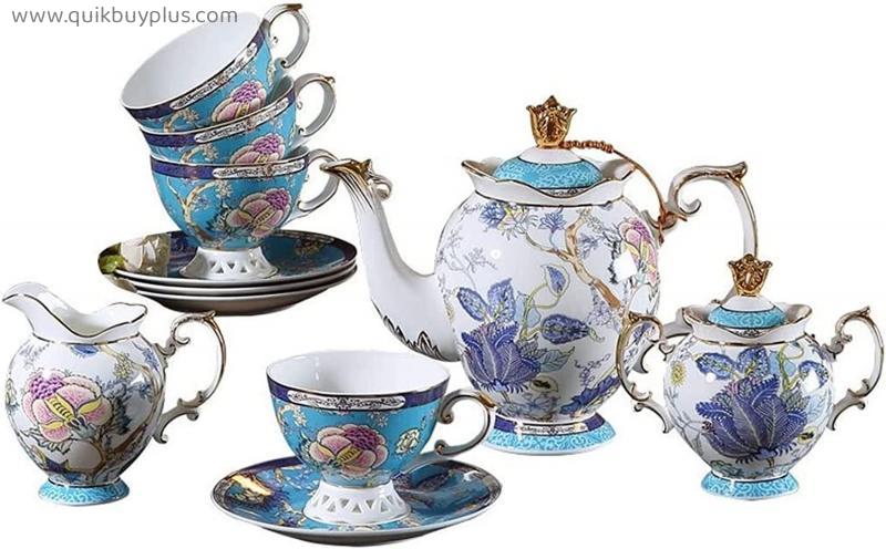 YQBUER Ceramics Coffee Cup Saucer Set with 15 Pieces Home Porcelain Tea Set with Teapot and Milk Jug European Style Tea Cup and Saucer Set Blue